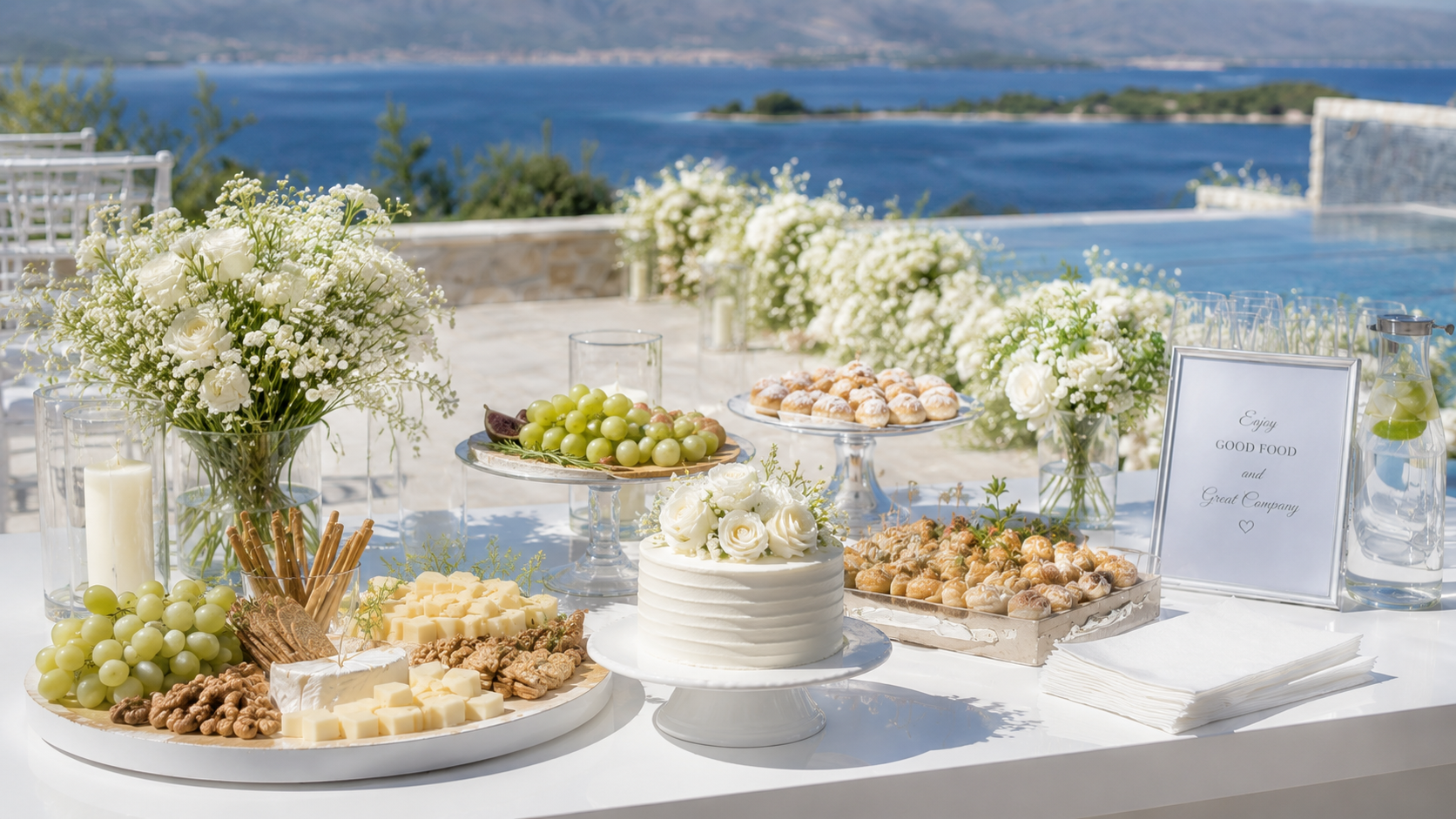 Wedding refreshments and flowers overlooking the Adriatic
